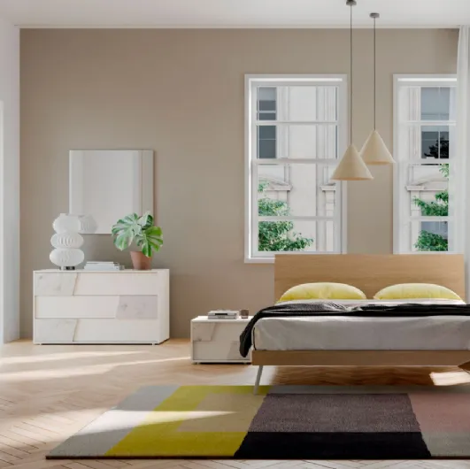 Double bed with a headboard bench in textured Oak by Orme.