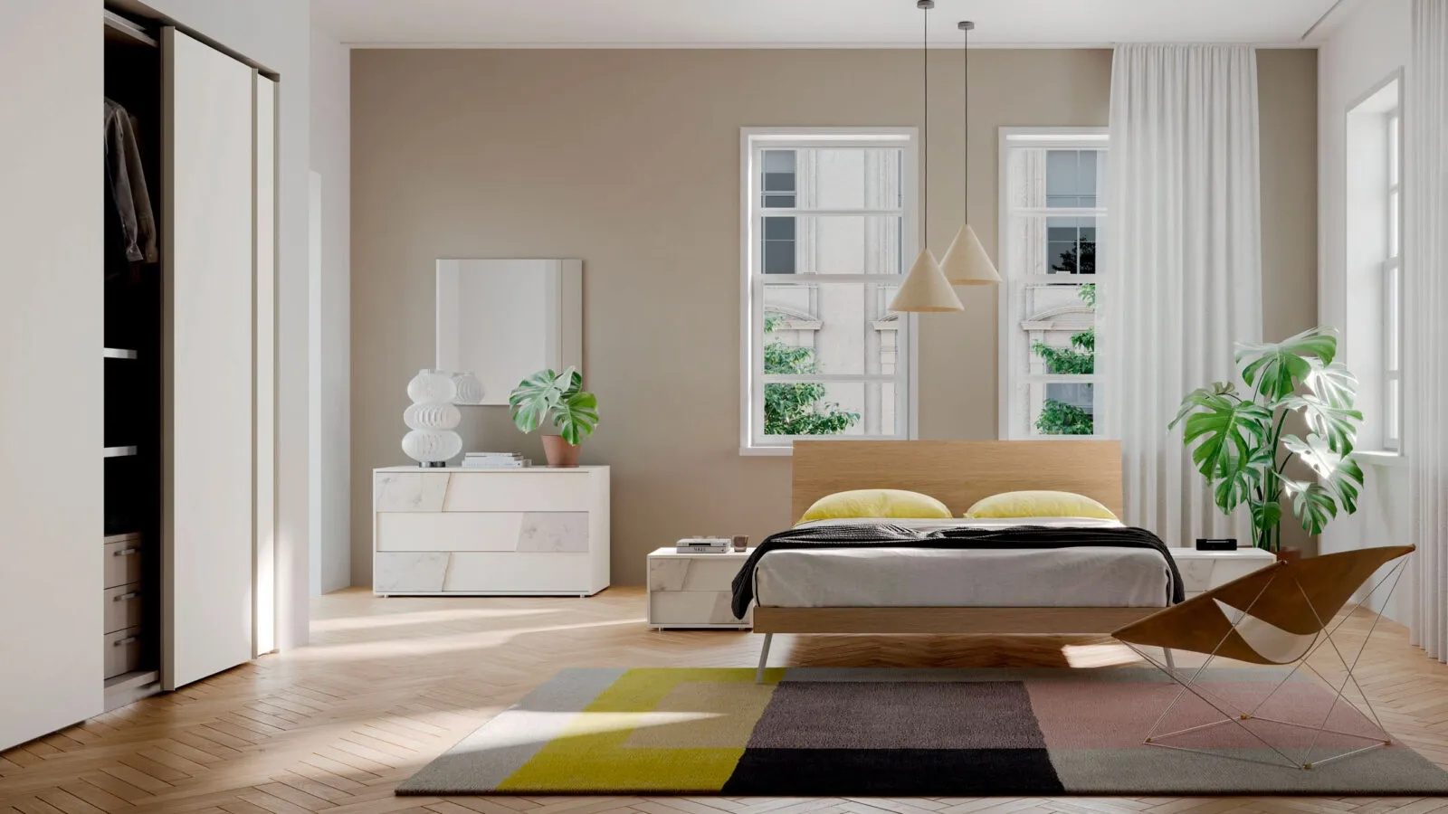 Double bed with a headboard bench in textured Oak by Orme.