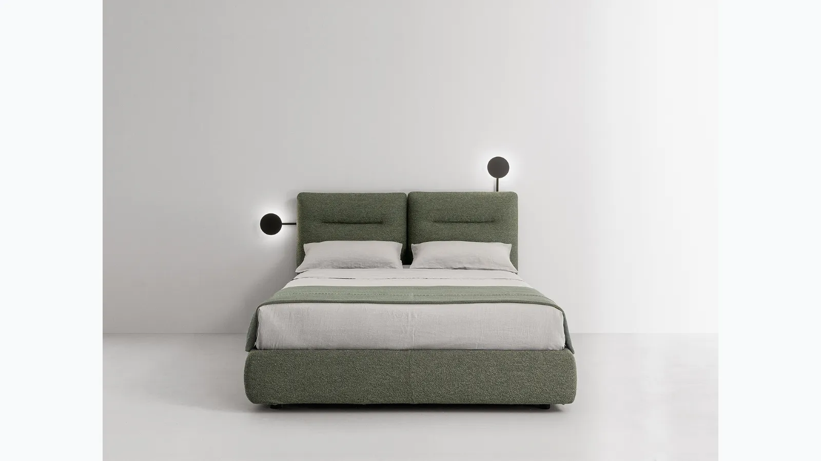 Storage bed with a fabric headboard composed of two Bishape rectangles by Caccaro.