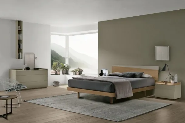 Bed with headboard Charlie in amber walnut material and matte salt lacquer by Tomasella.