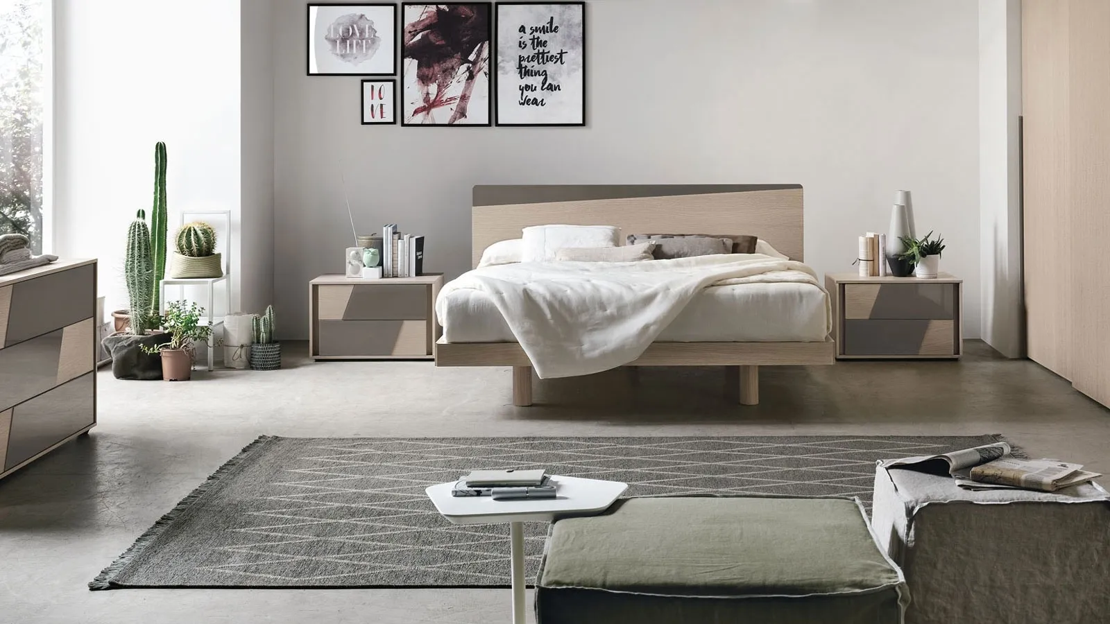 Bed in sand oak material and matte basalt material insert Charlie by Tomasella.
