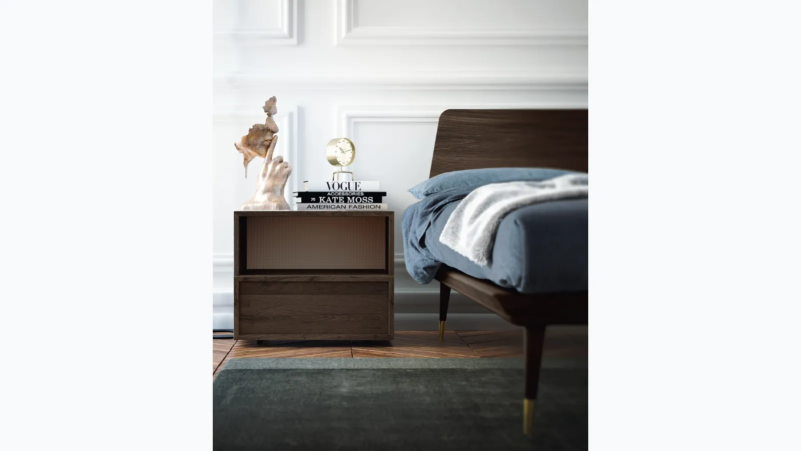 Wooden bed with Callesella headboard.