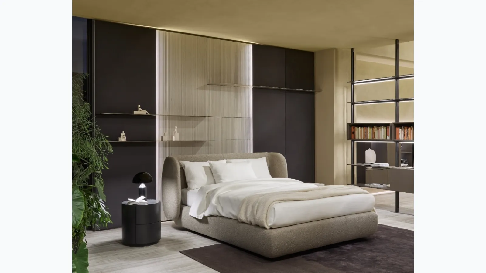Cozy upholstered bed with storage box by Sangiacomo.