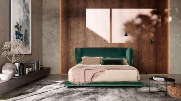 Bed with upholstered Criss Cross fabric headboard by Valentini.