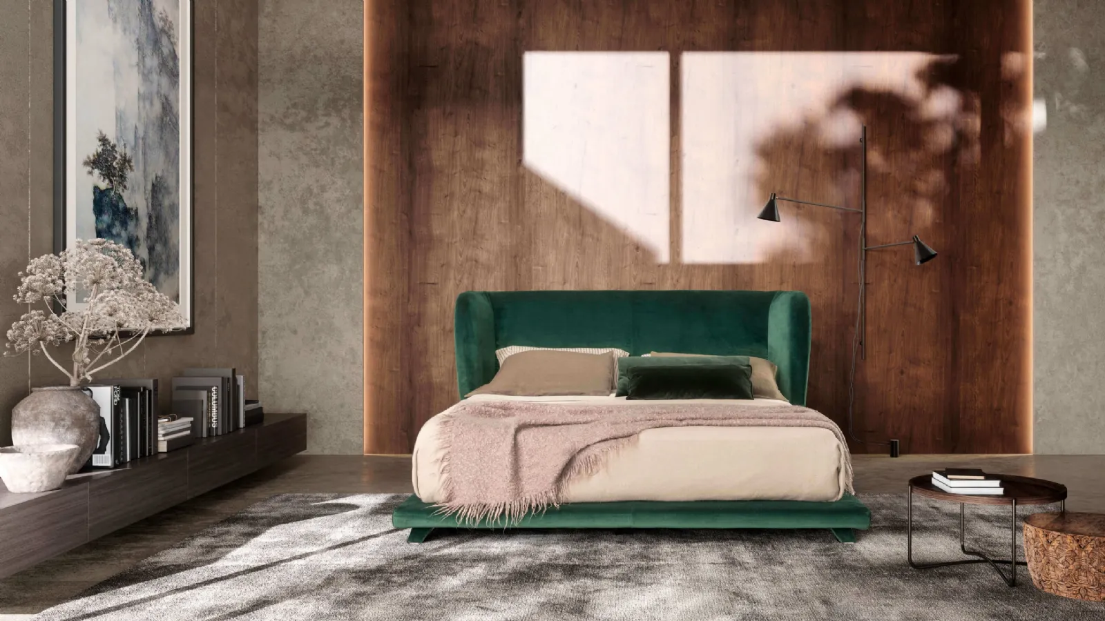 Bed with upholstered Criss Cross fabric headboard by Valentini.