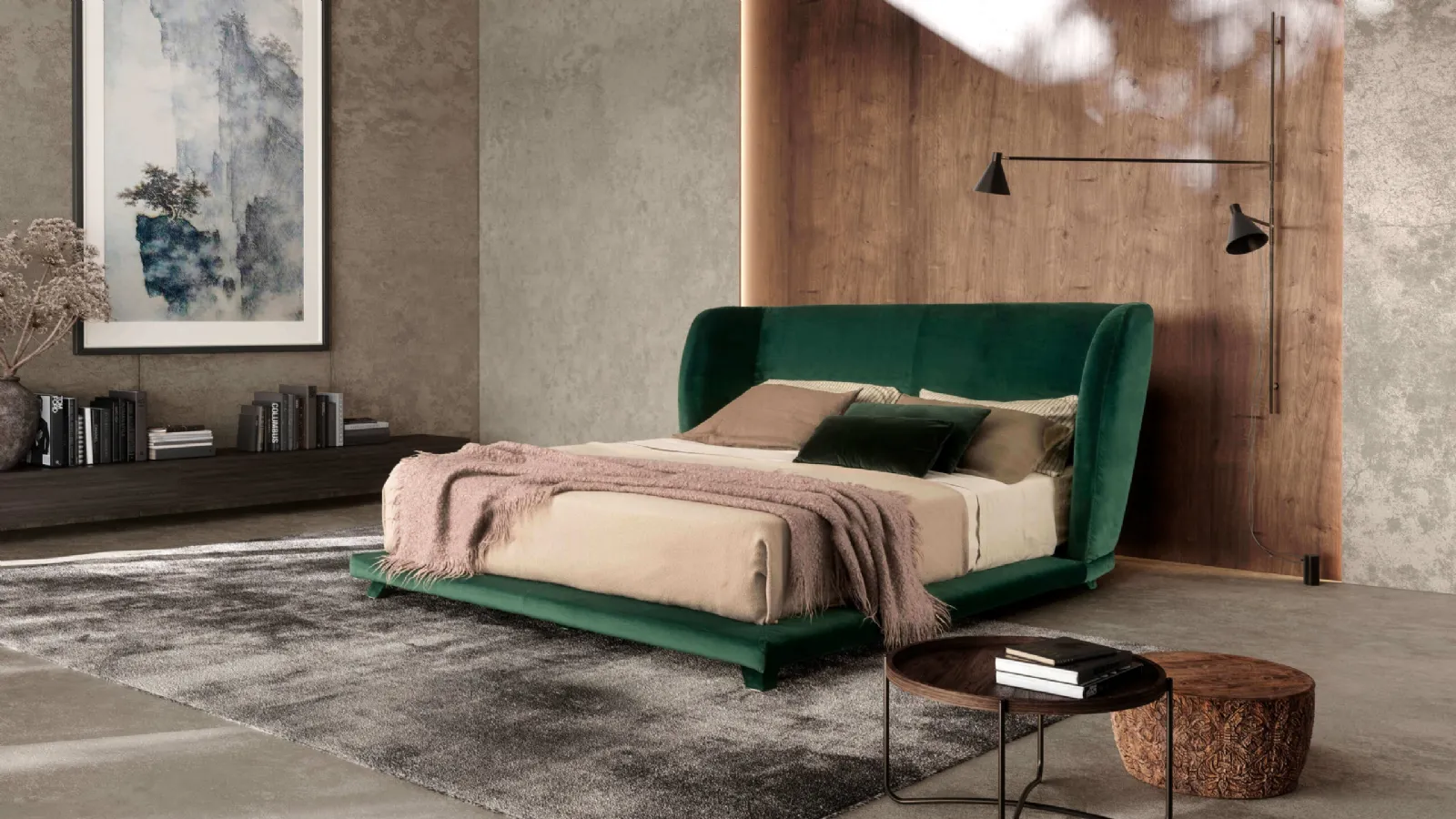 Bed with Criss Cross padded fabric headboard by Valentini.