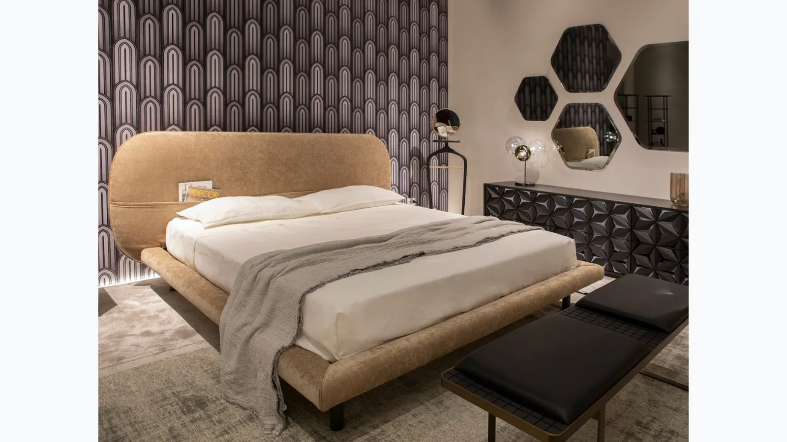 Velvet bed with Dan headboard by Tonin Casa