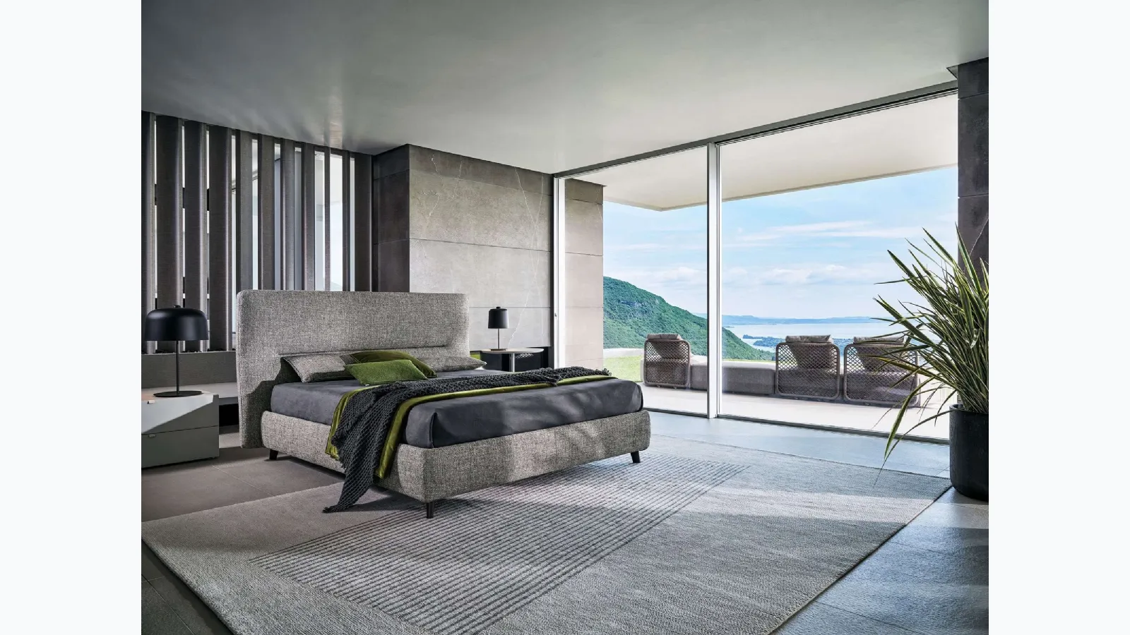 Fabric bed with De-Light headboard by Twils.