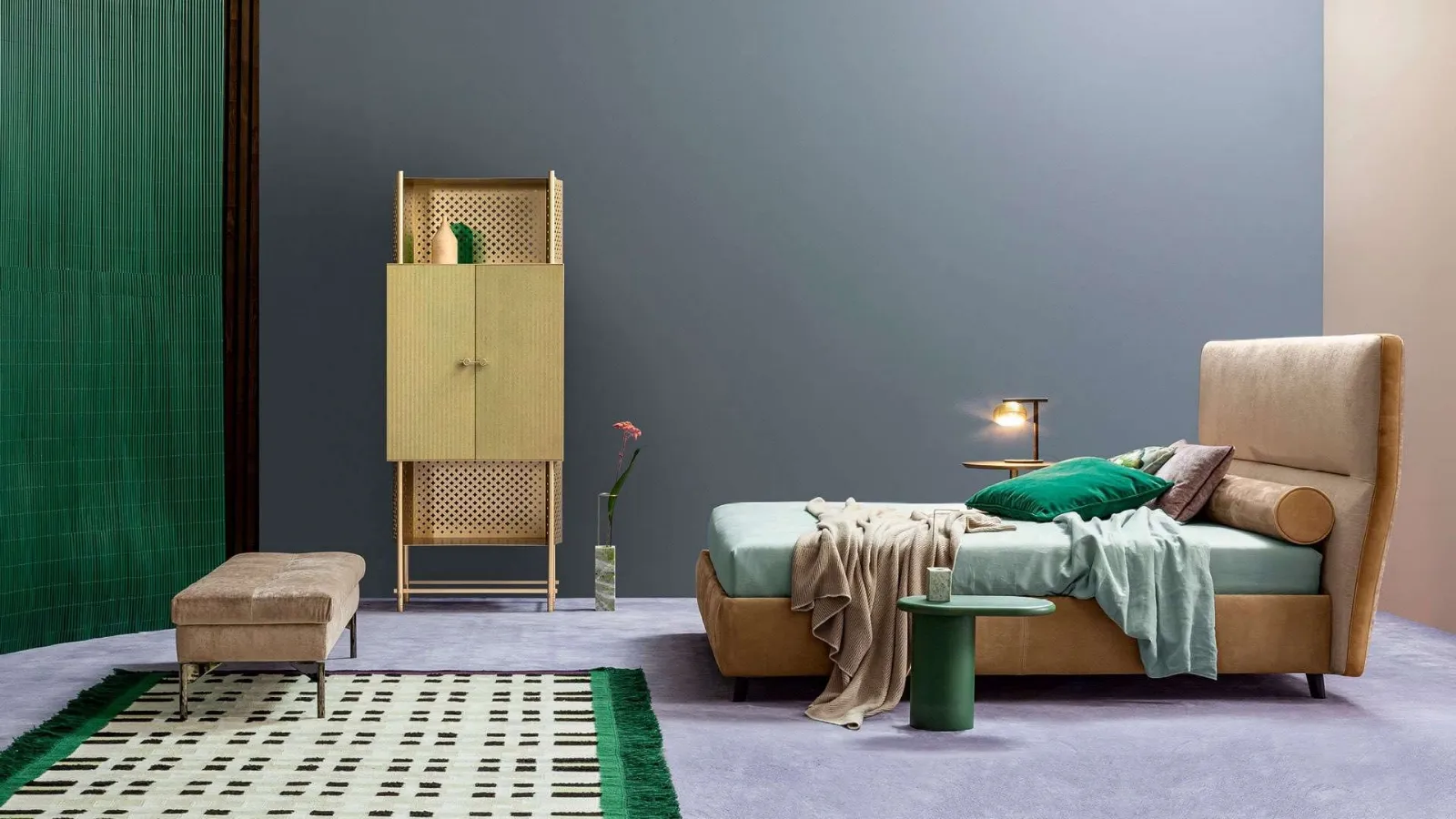Fabric bed with De-Light headboard by Twils.