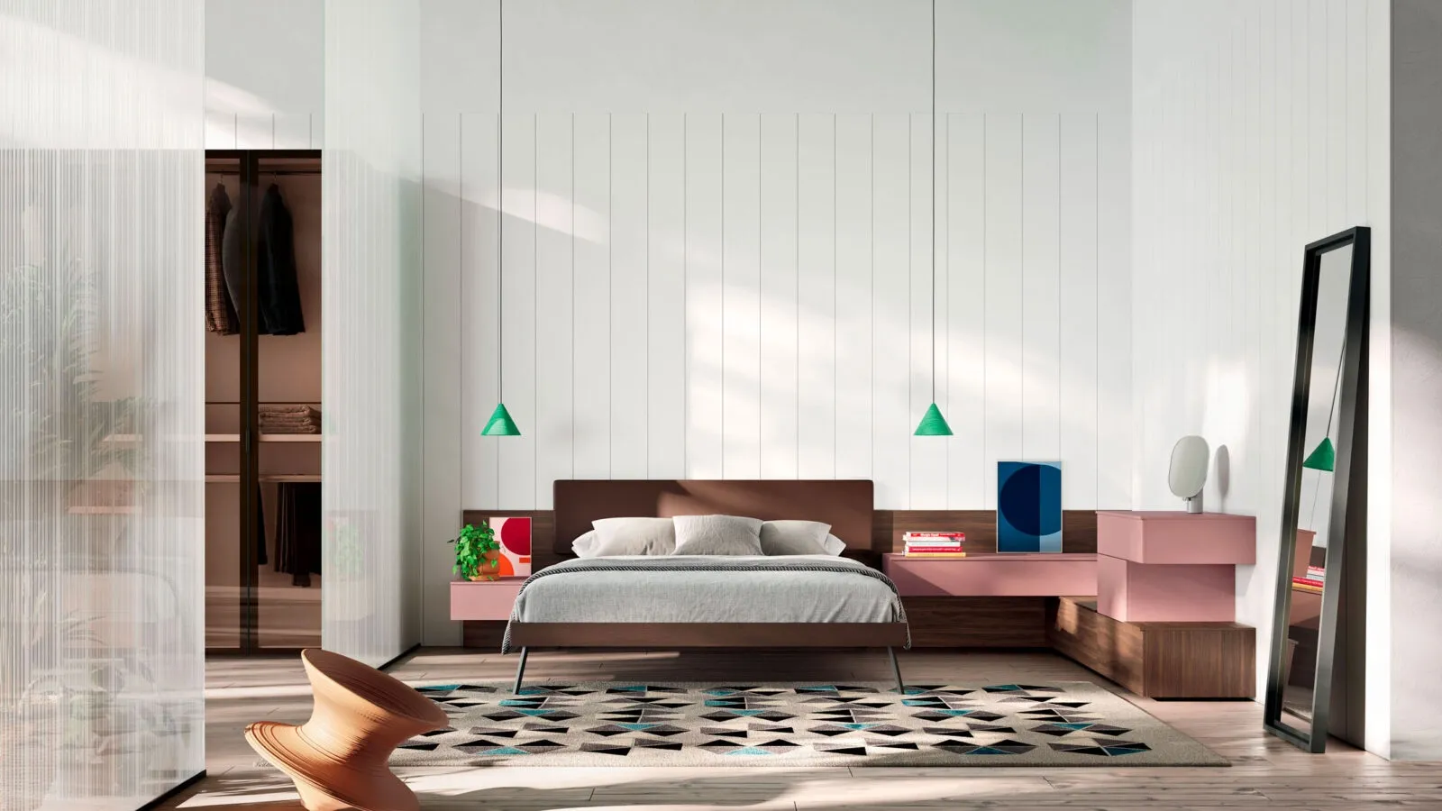 Bed Diska in Baked Materico with Footboard of Footprints