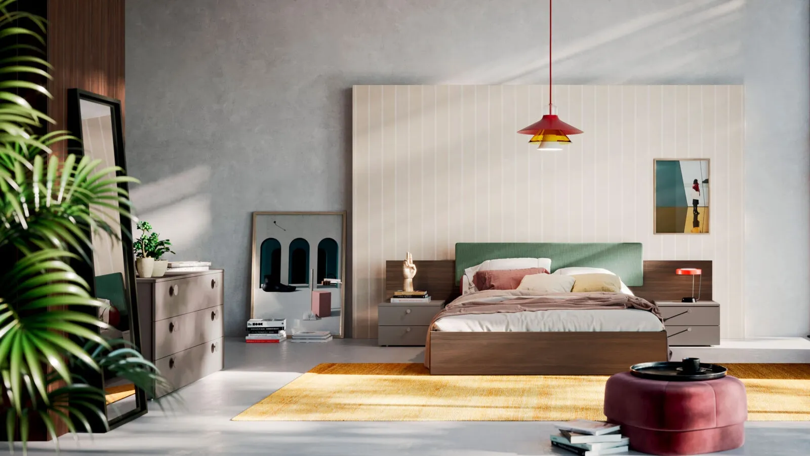 Bed with fabric panel and Diska storage box by Orme.