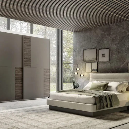 Padded bed with horizontal stitched fabric headboard slats in S75