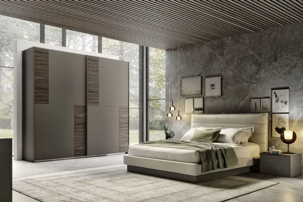 Padded bed with horizontal stitched fabric headboard slats in S75