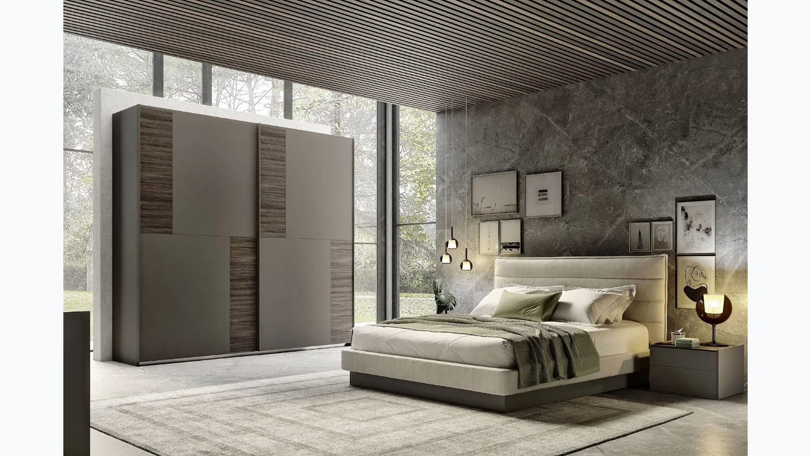 Padded bed with horizontal stitched fabric headboard slats in S75