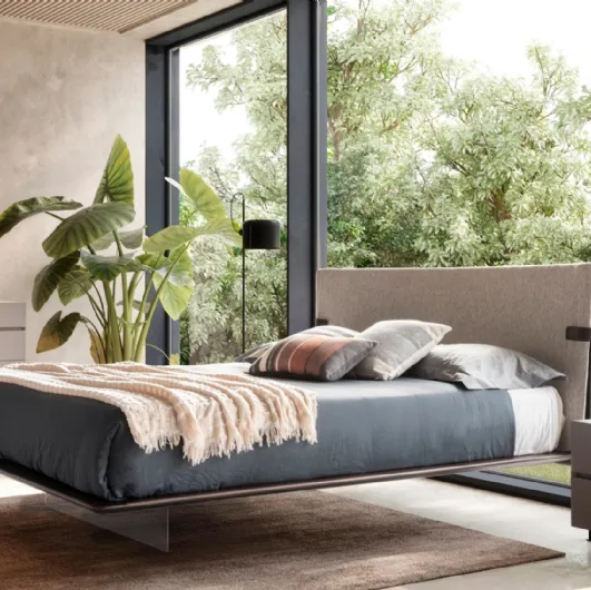 Bed with fabric headboard and Eucalyptus wood frame, Dress Code collection by Presotto.