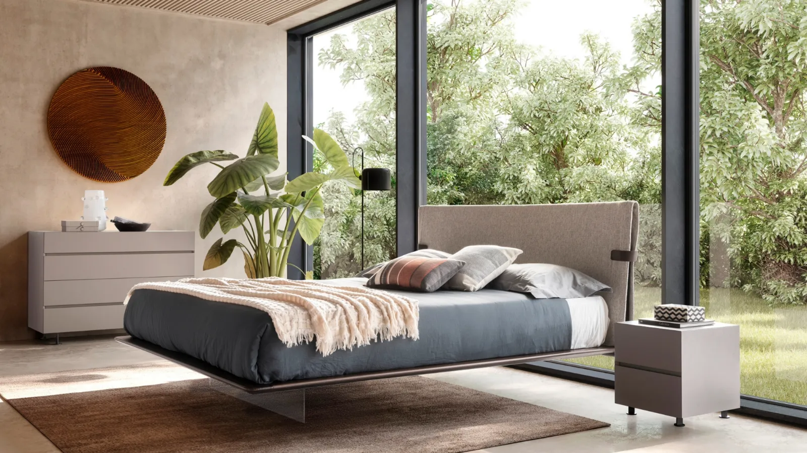 Bed with fabric headboard and Eucalyptus wood frame, Dress Code collection by Presotto.
