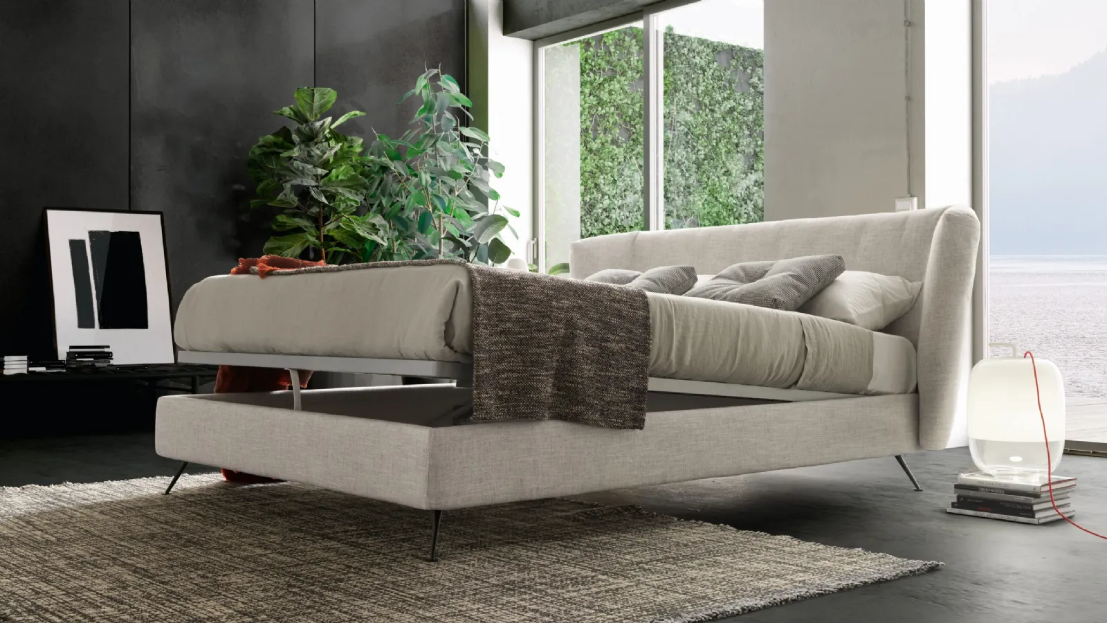 Bed with headboard and Duke High storage box by Valentini.