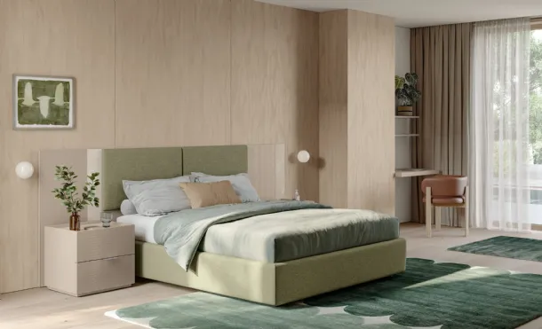 Eclectic bed EN02 in padded fabric and glass by Colombini Casa.