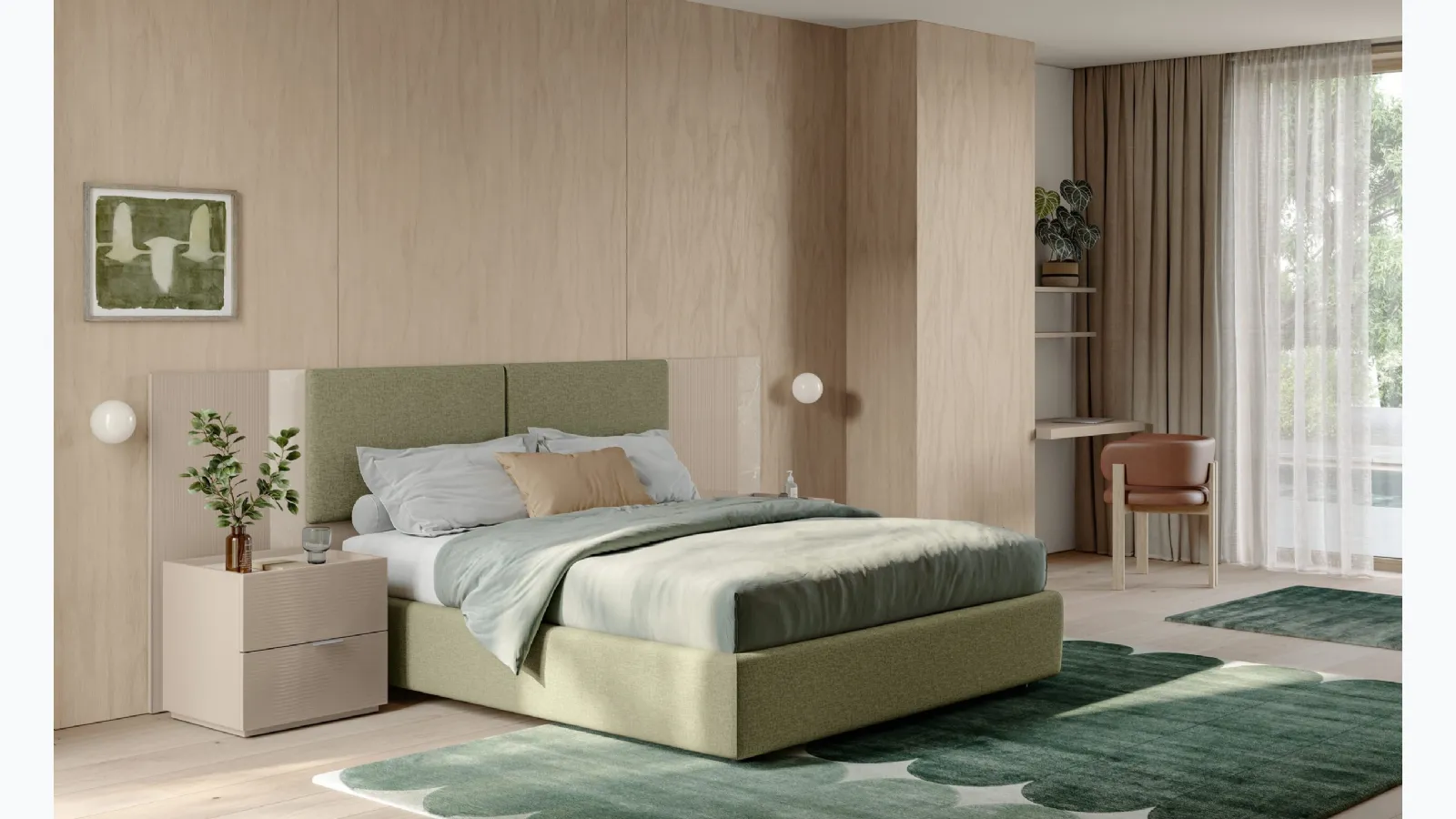 Eclectic bed EN02 in padded fabric and glass by Colombini Casa.