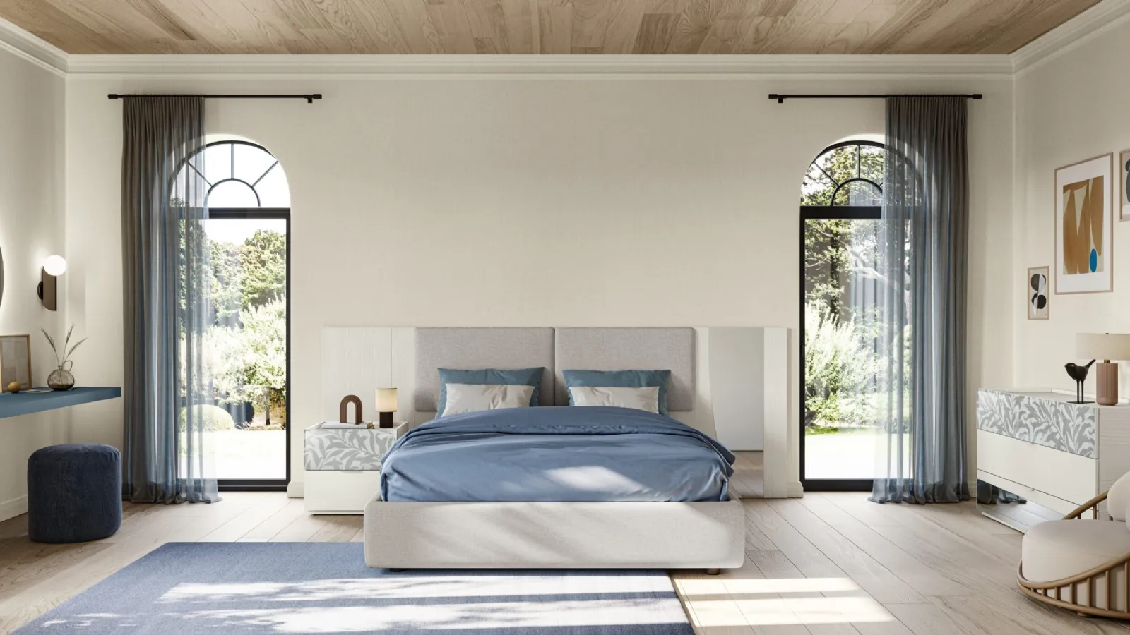 Eclectic EN04 bed in upholstered fabric and glass by Colombini Casa.