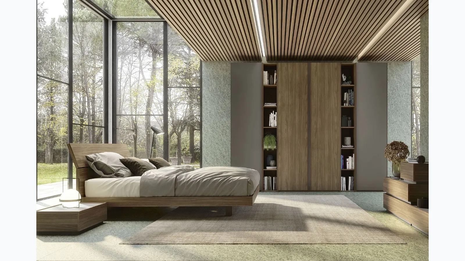Bed in walnut finish with Fiji Max headboard by S75.