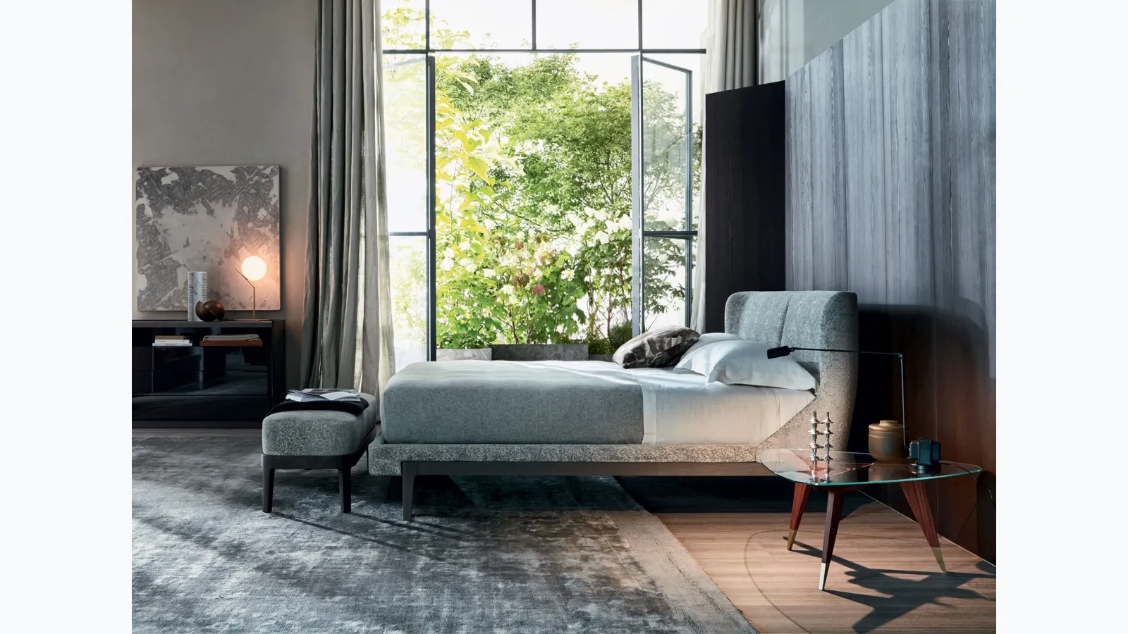 Modern bed with a wraparound upholstered fabric headboard and a wooden structure Fulham by Molteni&C