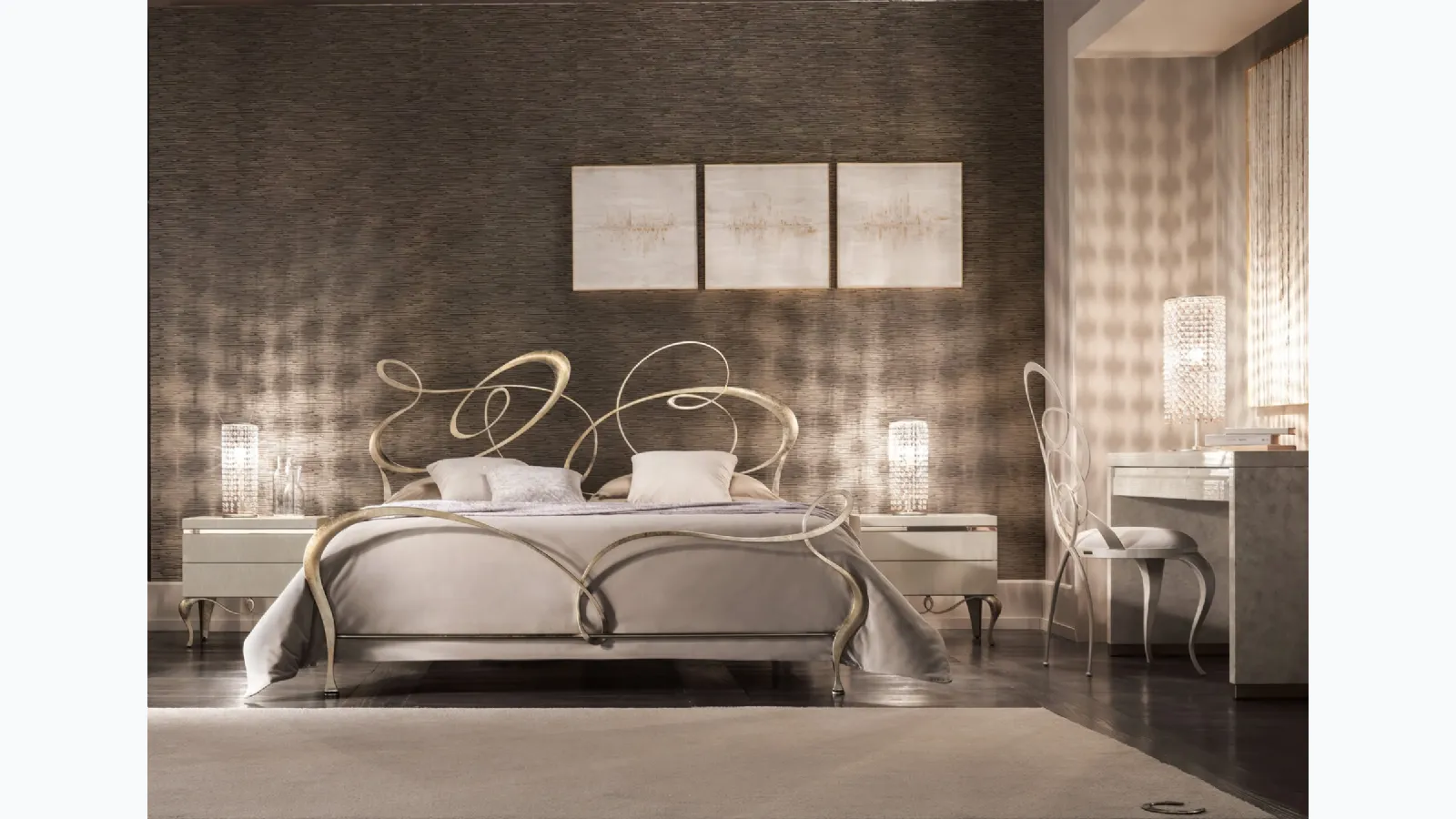 Wrought iron bed with Cantori swirls headboard.