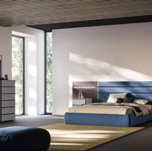 Bed Giako Night 06 in padded fabric and panels in charcoal striped decor by Orme