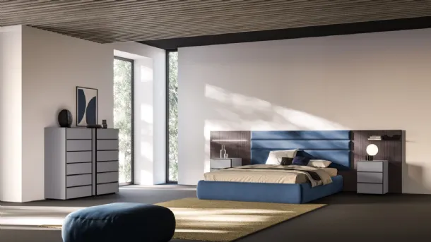 Bed Giako Night 06 in padded fabric and panels in charcoal striped decor by Orme