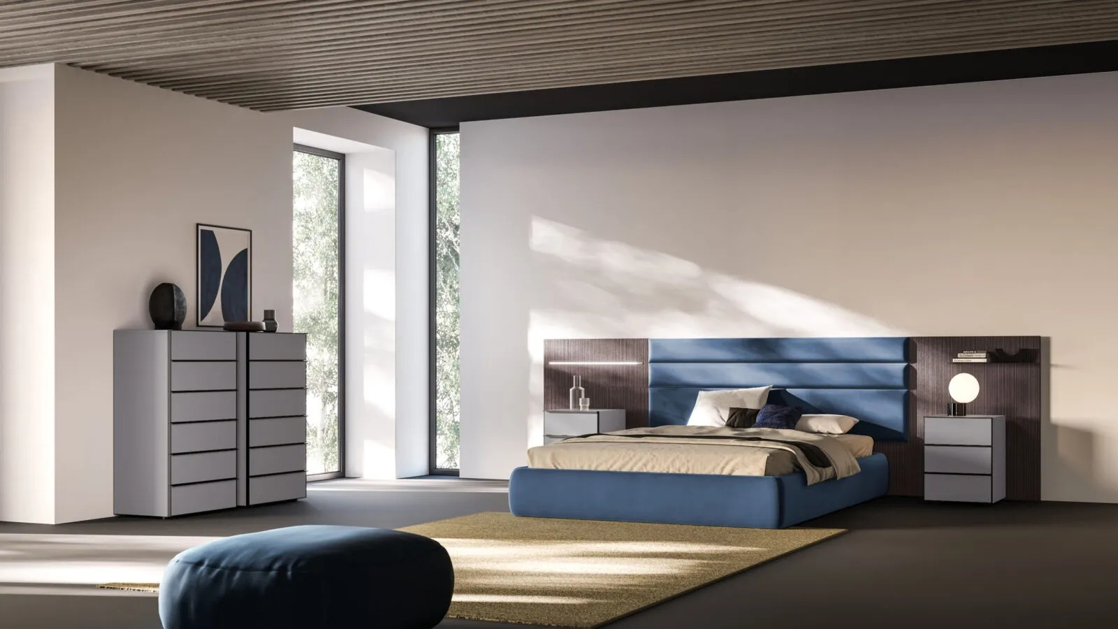 Bed Giako Night 06 in padded fabric and panels in charcoal striped decor by Orme