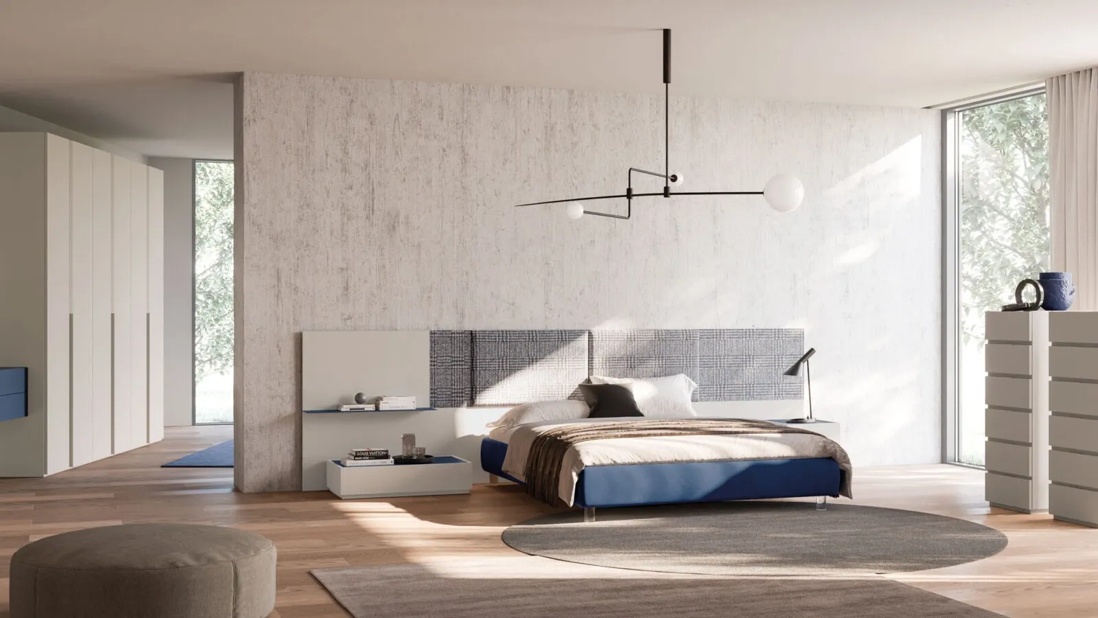 Giako Night 09 bed in melamine and Orme fabric.