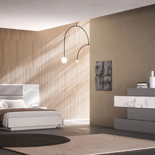 Bed Giako Night 10 in lacquered finish with fabric panels by Orme.