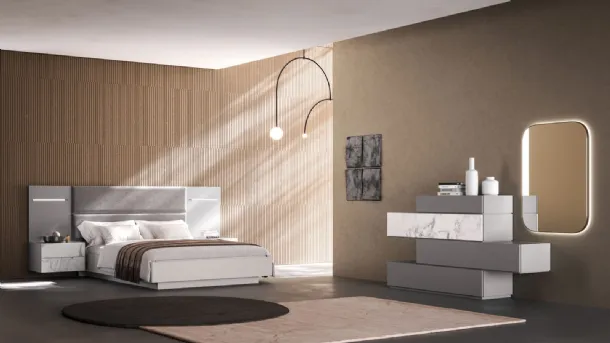 Bed Giako Night 10 in lacquered finish with fabric panels by Orme.