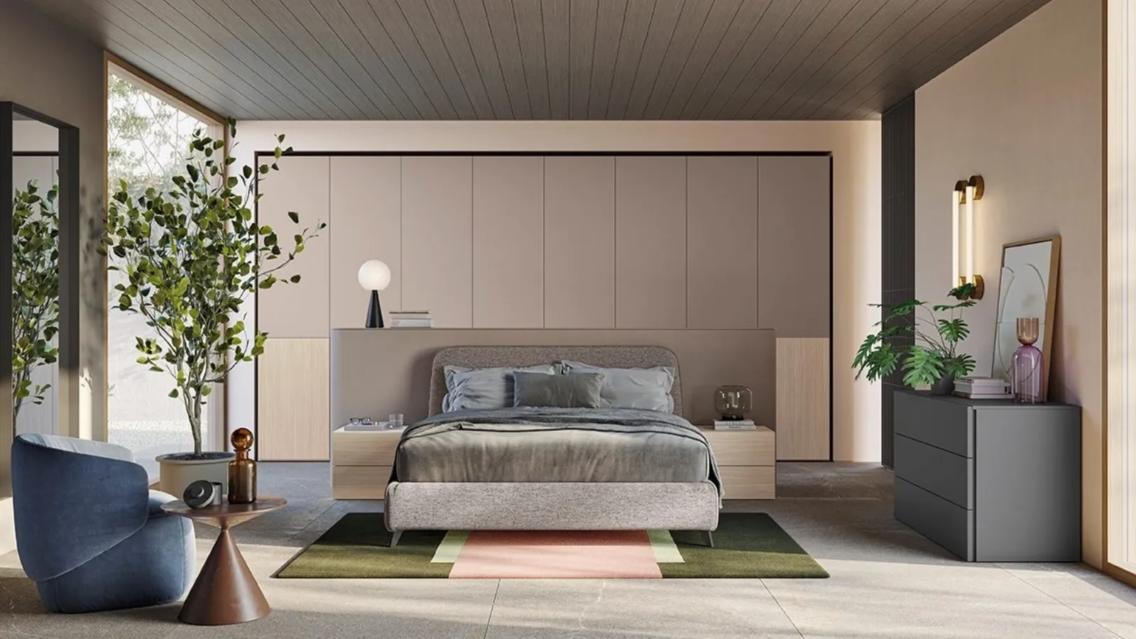 Fabric bed with Golf Verso headboard by Colombini Casa.
