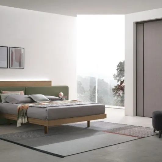 Halifax bed in amber walnut material with padded headboard by Tomasella.