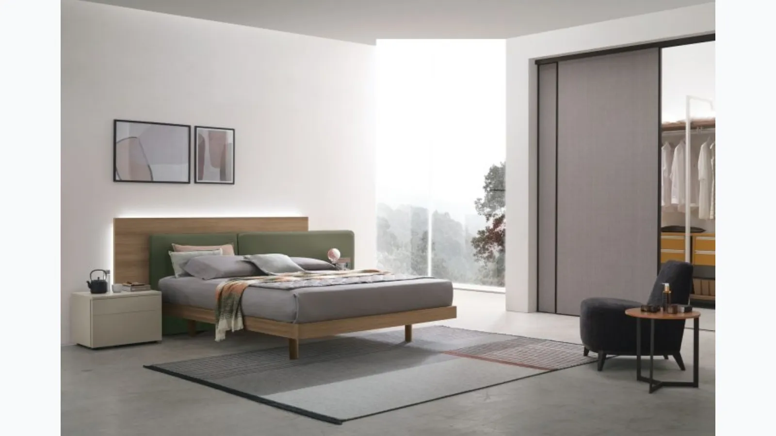 Halifax bed in amber walnut material with padded headboard by Tomasella.