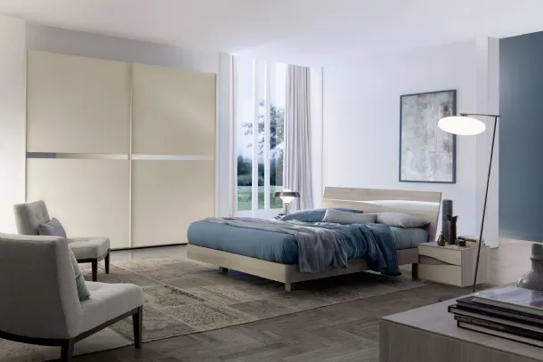 Bed with headboard in light elm melamine Infinity Sirio by S75.