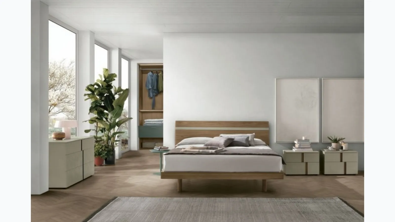 Bed with Joker headboard in textured amber walnut by Tomasella