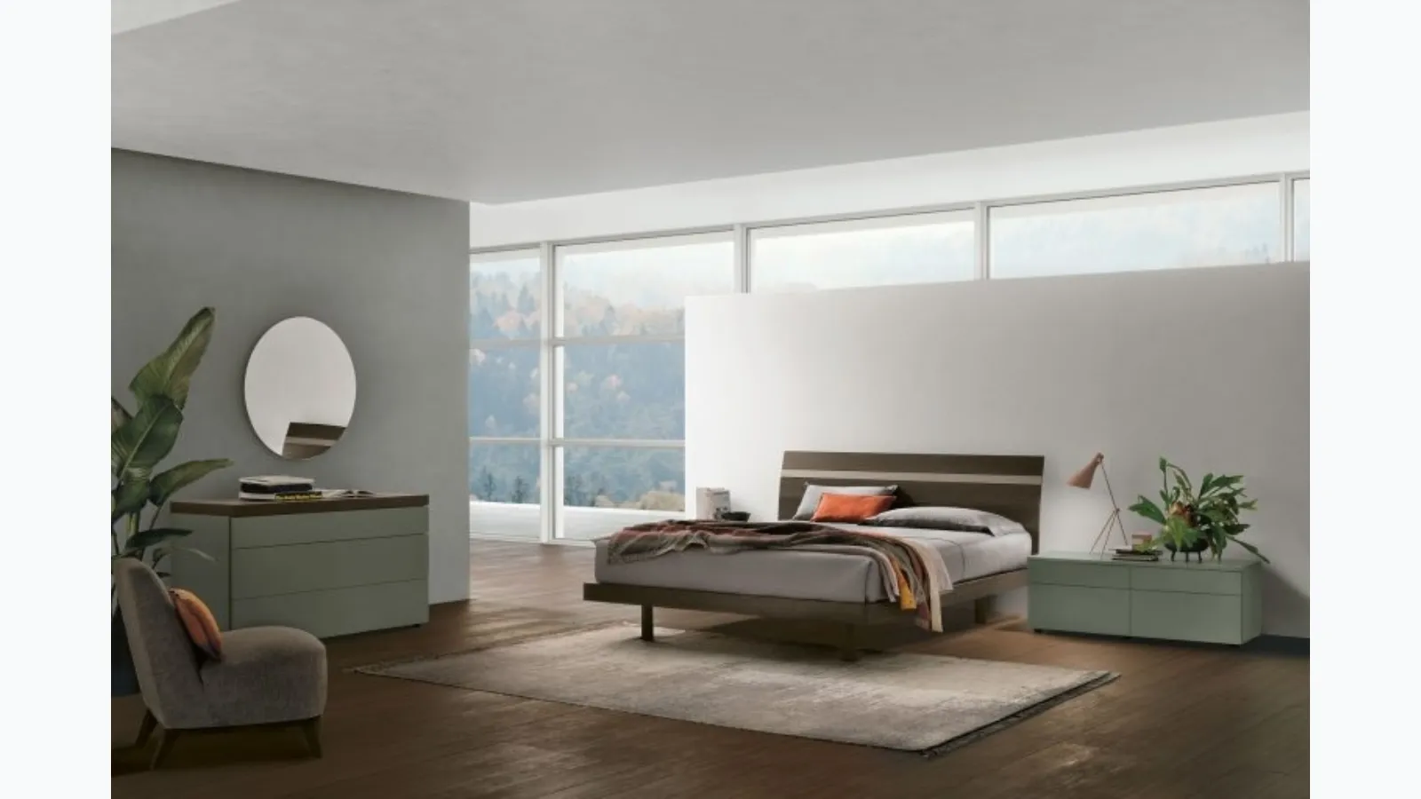 Bed with Joker headboard in textured moka oak by Tomasella.