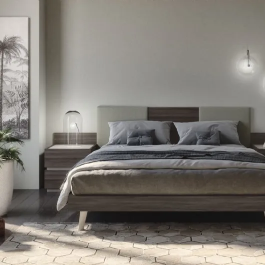 Bed in fabric and dark elm melamine with Jolly headboard with 2 padded S75 panels