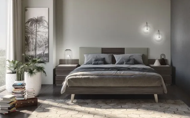 Bed in fabric and dark elm melamine with Jolly headboard with 2 padded S75 panels