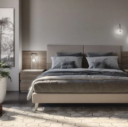 Fabric bed with Jolly headboard with 4 padded panels of S75.