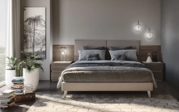Fabric bed with Jolly headboard with 4 padded panels of S75.