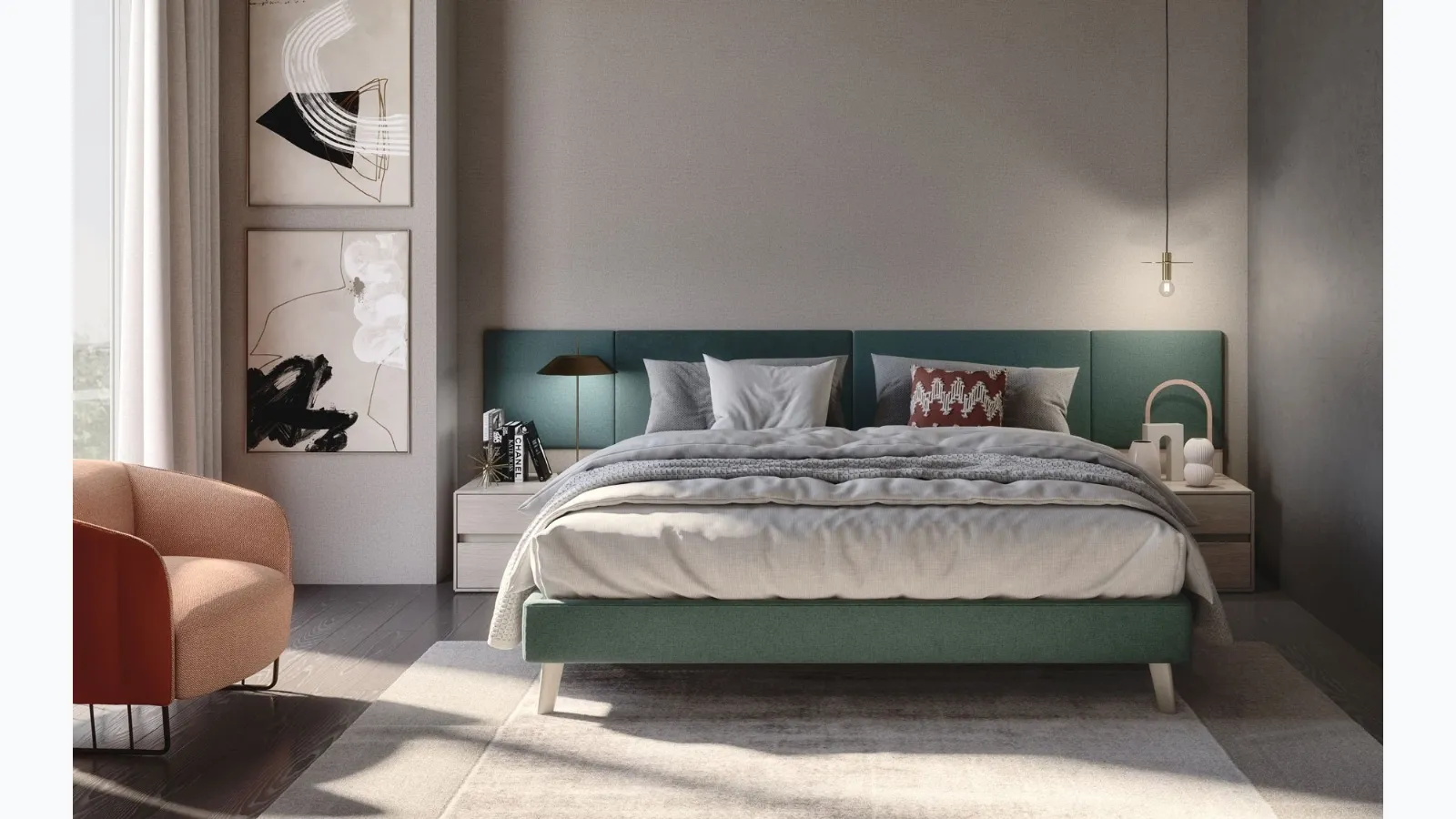 Fabric bed with Jolly headboard and padded panels in S75 fabric.