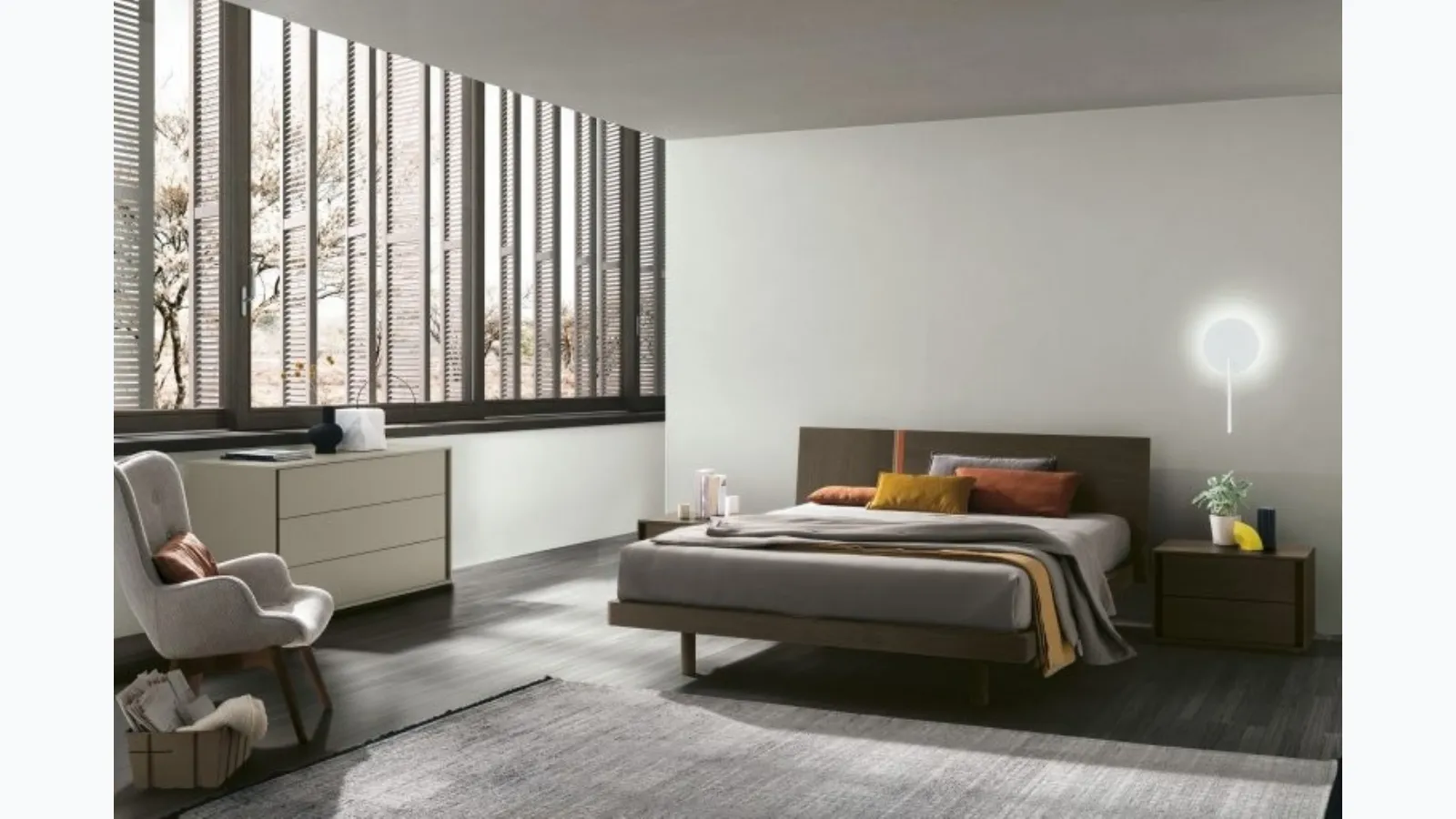 Bed with Ken headboard in textured moka oak by Tomasella.