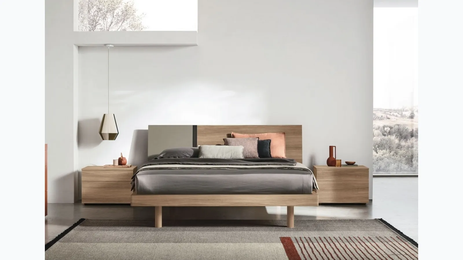 Bed with Ken headboard in textured amber walnut by Tomasella