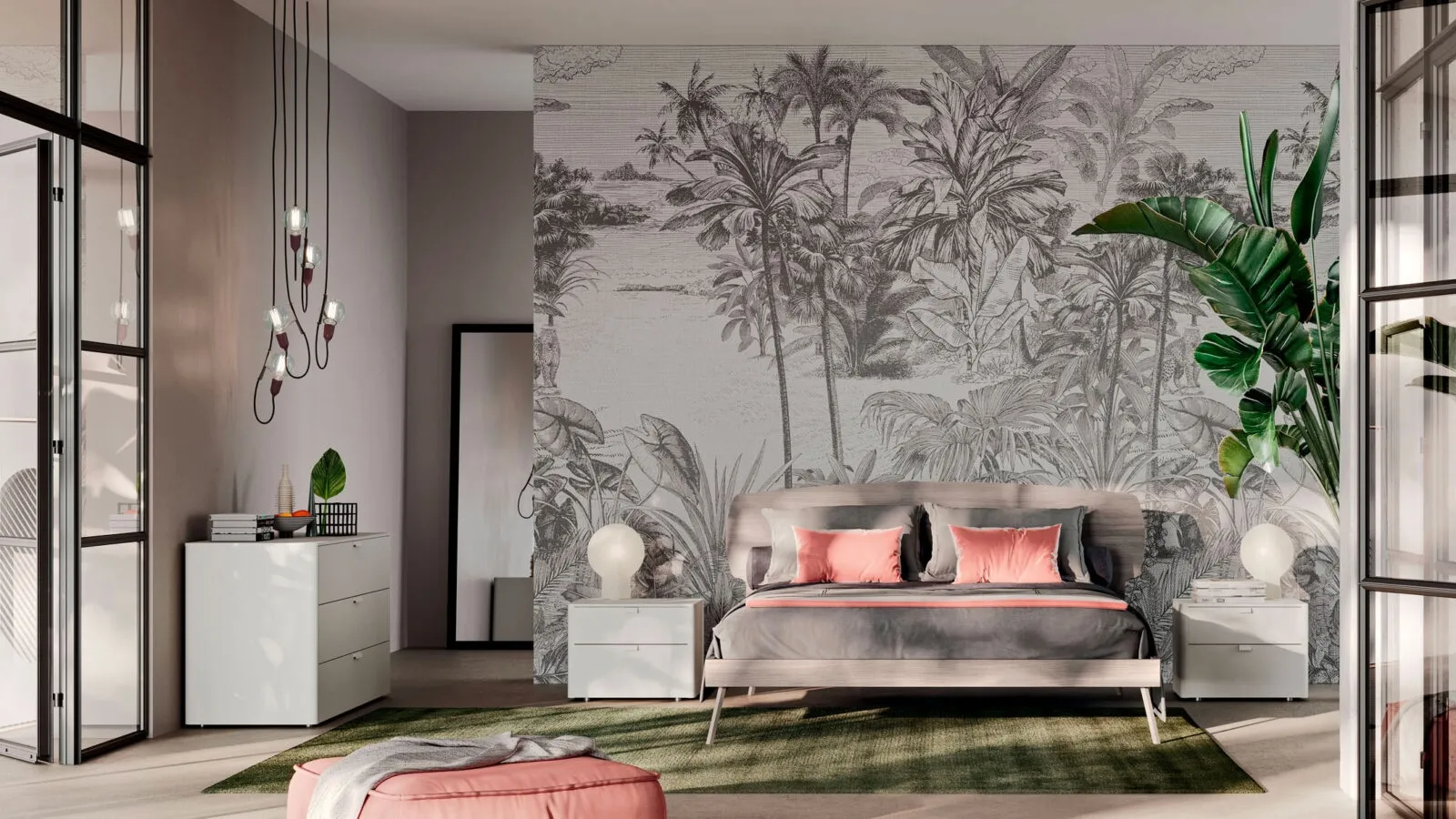 Double bed in oxidized materic with Lansa Orme headboard.