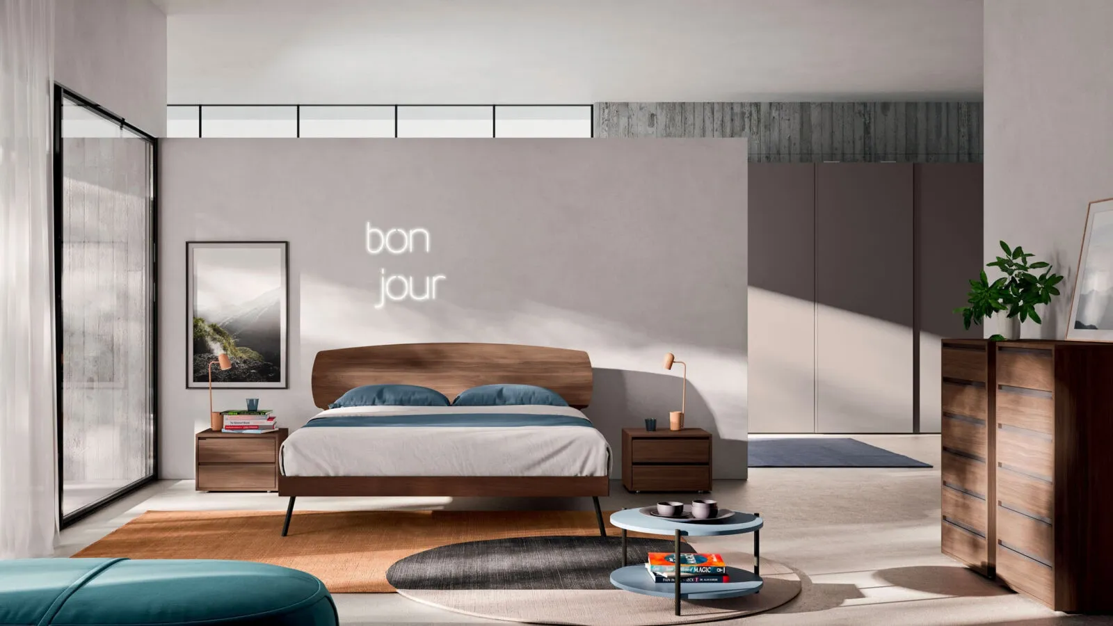 Double bed in embossed Cotto with Lansa Orme headboard.