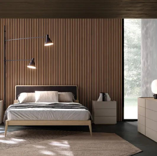 Larissa Night 22 bed in oak finish with Orme fabric panel.