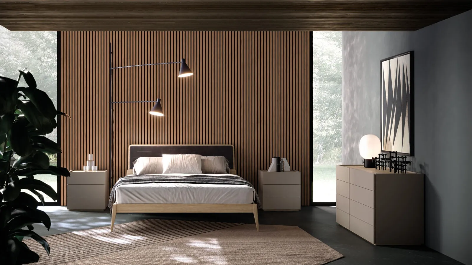 Larissa Night 22 bed in oak finish with Orme fabric panel.